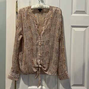 Ann Taylor Factory Long Sleeve Top Size Medium Button and Tie Front Metallic
